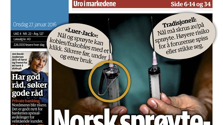  Luer-Jack featured on Front Page of the Major Norwegian Business Newspaper "Dagens Næringsliv"