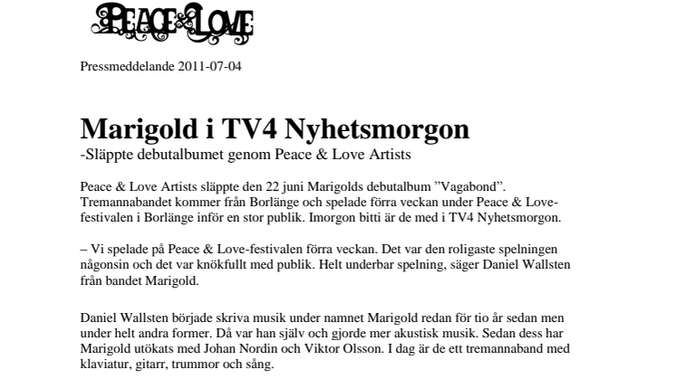 Marigold i TV4 Nyhetsmorgon - släppte debutalbumet genom Peace & Love Artists