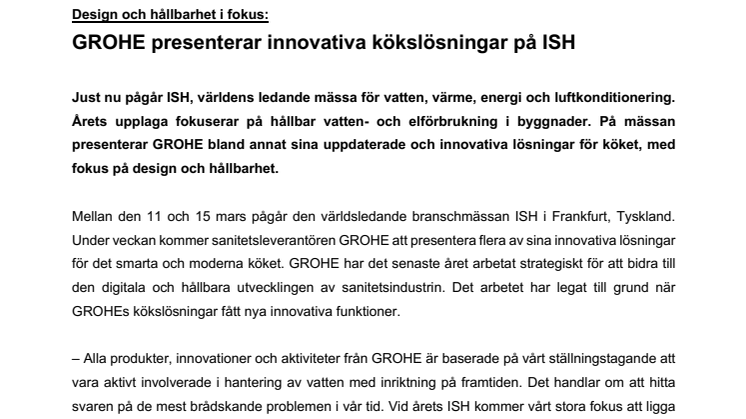 Design och hållbarhet i fokus: GROHE presenterar innovativa kökslösningar på ISH