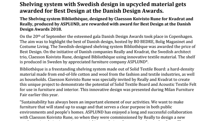 Shelving system with Swedish design in upcycled material gets awarded for Best Design at the Danish Design Awards. 
