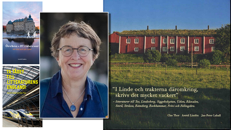 Astrid Lindén med några böcker om "litteraturer" i Bergslagen, Örebro och England.