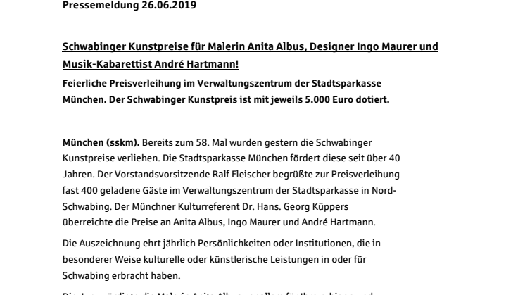 Schwabinger Kunstpreise für Malerin Anita Albus, Designer Ingo Maurer und Musik-Kabarettist André Hartmann!