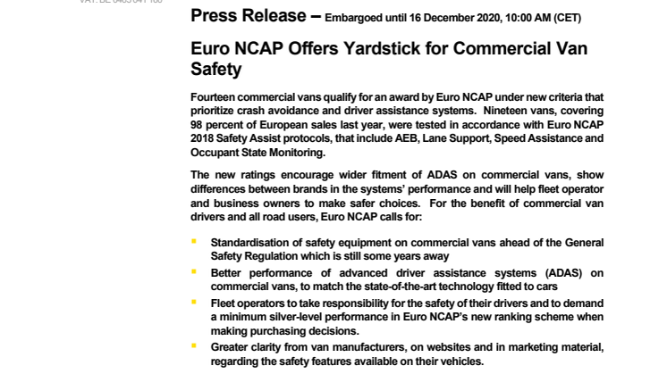 Euro NCAP Commercial Van Testing press release