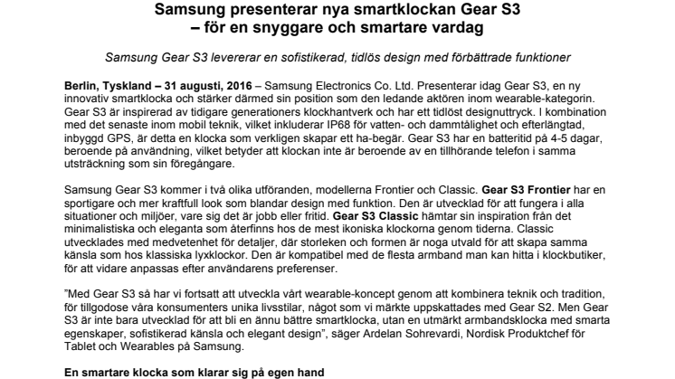 Samsung presenterar nya smartklockan Gear S3  – för en snyggare och smartare vardag