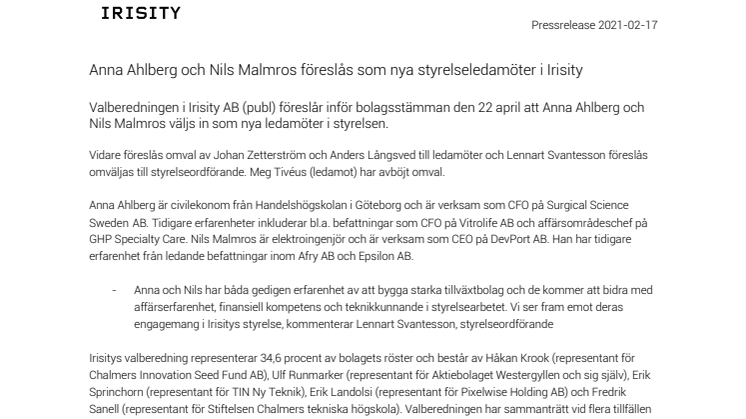 Anna Ahlberg och Nils Malmros föreslås som nya styrelseledamöter i Irisity