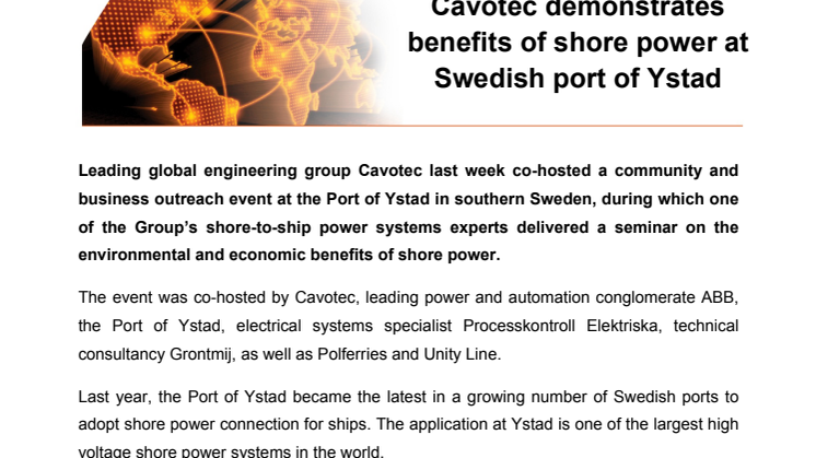 Cavotec demonstrates benefits of shore power at Swedish port of Ystad