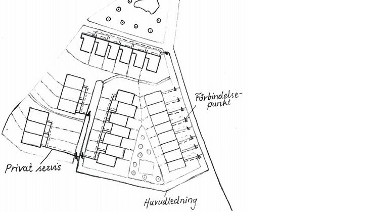 Rapportframsidesbild: Ett uppdiktat bostadsområde med utritade servisledningar (ritad av Emma Lundin).