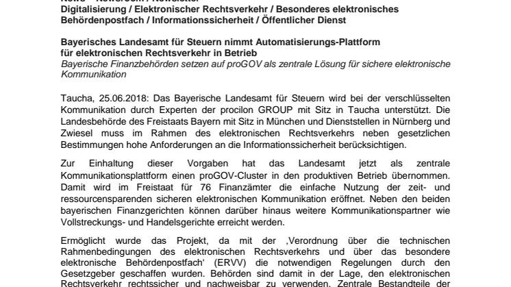 Bayerisches Landesamt für Steuern nimmt Automatisierungs-Plattform für elektronischen Rechtsverkehr in Betrieb