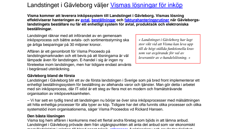 Landstinget i Gävleborg väljer Vismas lösningar för inköp