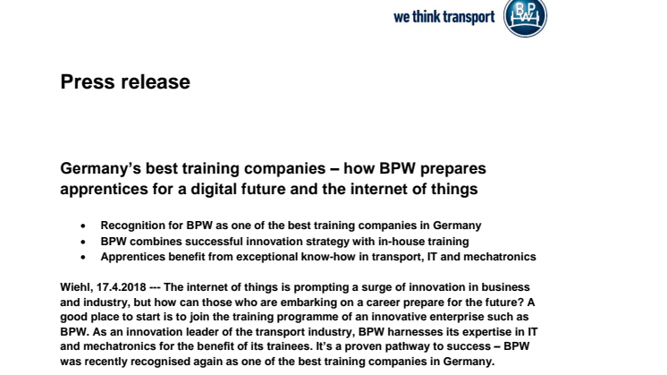 Germany's best training companies - how BPW prepares apprentices for a digital future and the internet of things