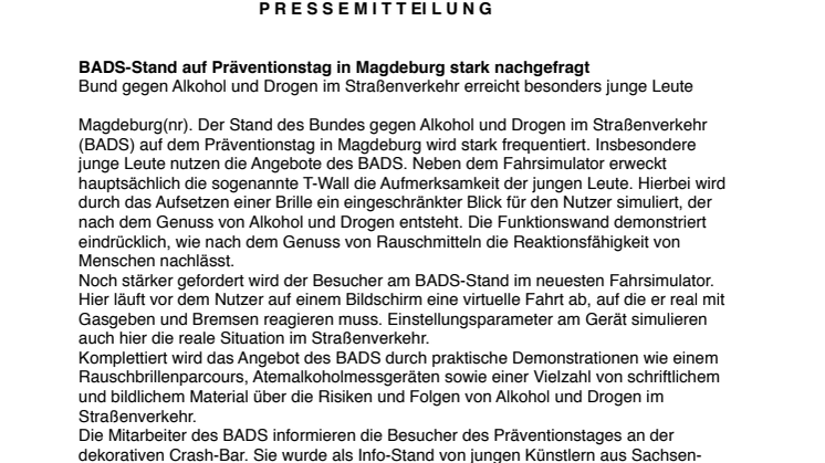 BADS-Stand auf Präventionstag in Magdeburg stark nachgefragt