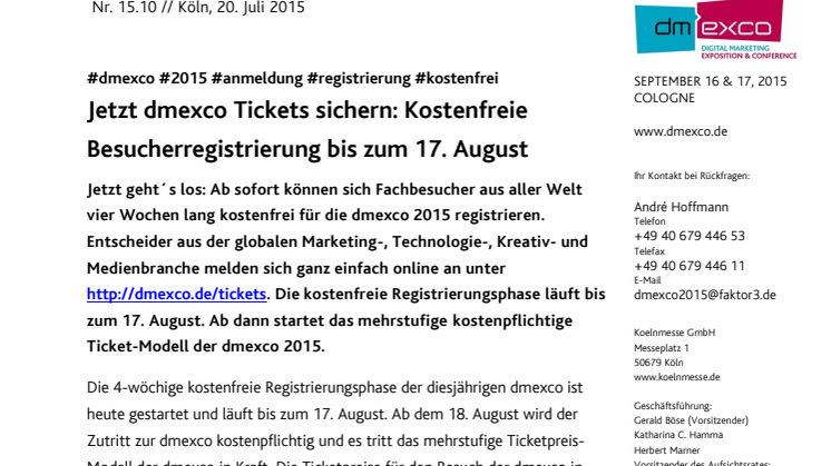 Jetzt dmexco Tickets sichern: Kostenfreie Besucherregistrierung bis zum 17. August