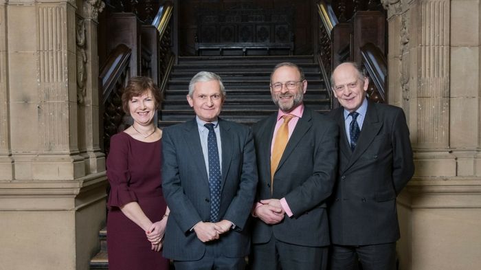 l-r – Lucy Winskell OBE, Sir Geoffrey Voss, His Honour Judge Kramer, Vice Chancellor Mr Justice Barling