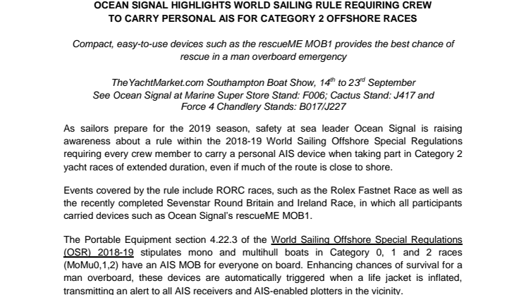 Ocean Signal Highlights World Sailing Rule Requiring Crew to Carry Personal AIS for Category 2 Offshore Races