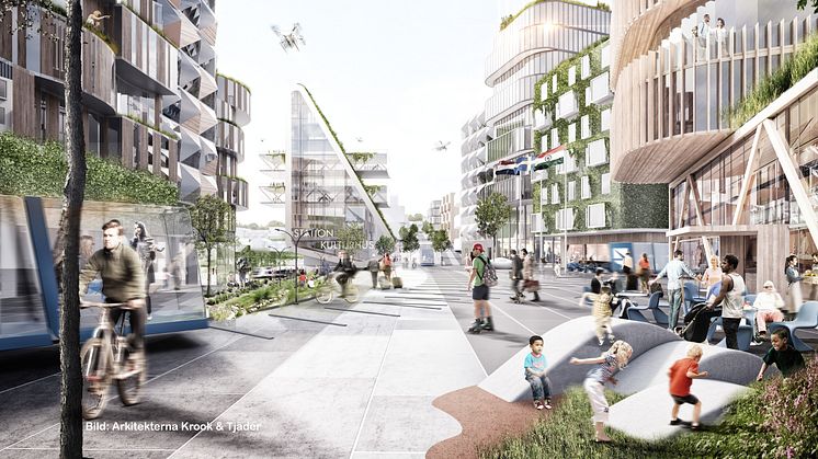 Bild: Arkitekterna Krook & Tjäder. Visionsbild för det långsiktiga målet om en hållbar stad för minst 25 000 invånare. Arbetet som nu påbörjas tillsammans med Krook & Tjäder ska resultera i en målbild för etapp ett med cirka 10 000 invånare.
