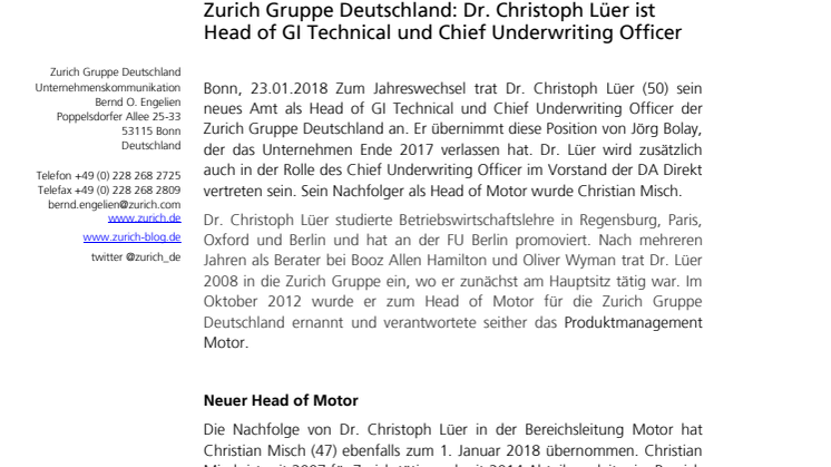 Dr. Christoph Lüer ist Head of GI Technical und Chief Underwriting Officer