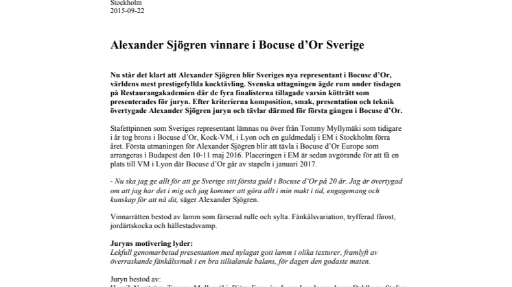 Alexander Sjögren vinnare i Bocuse d’Or Sverige