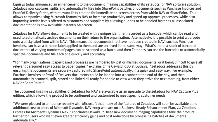 Equisys enhances document imaging capabilities for Microsoft Dynamics NAV