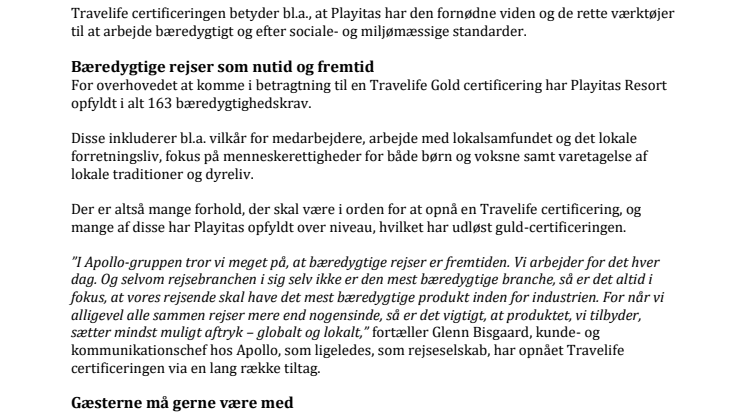Playitas generhverver Travelife Gold certificering