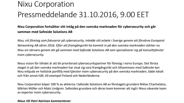 Nixu Corporation fortsätter sitt intåg på den svenska marknaden för cybersecurity och går samman med Safeside Solutions AB