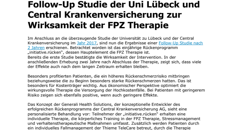 Follow-Up Studie der Uni Lübeck und Central Krankenversicherung zur Wirksamkeit der FPZ Therapie