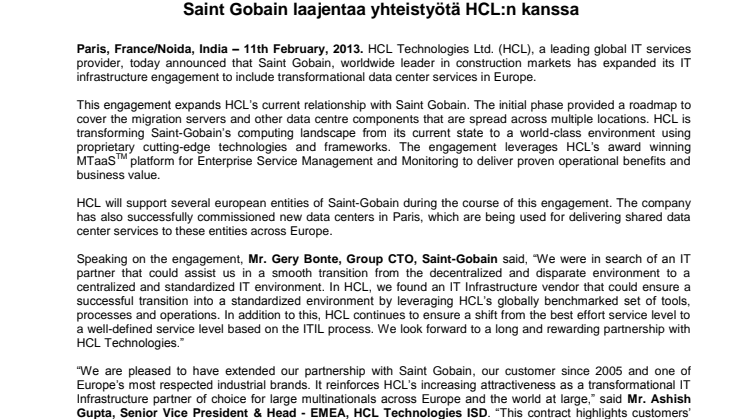 Saint Gobain laajentaa yhteistyötä HCL:n kanssa