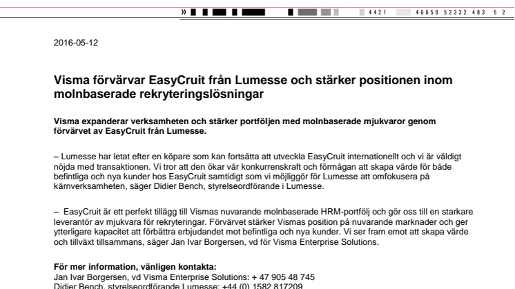 Visma förvärvar EasyCruit från Lumesse och stärker positionen inom molnbaserade rekryteringslösningar