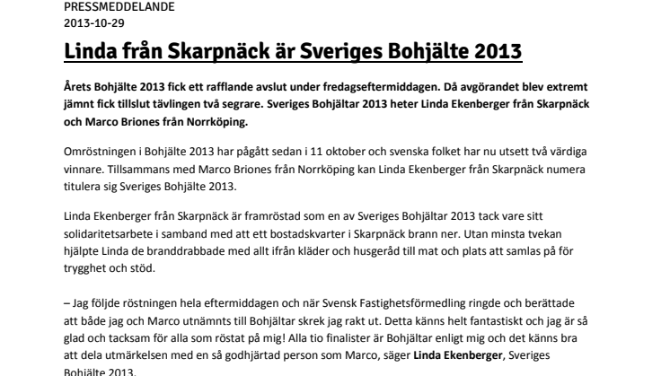 Linda från Skarpnäck är Sveriges Bohjälte 2013