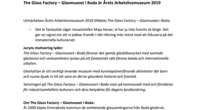 The Glass Factory – Glasmuseet i Boda är Årets Arbetslivsmuseum 2019