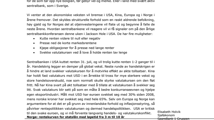 Makrorapport august 2019: Rentekurven invertert - ingen flere rentehevinger i Norge 