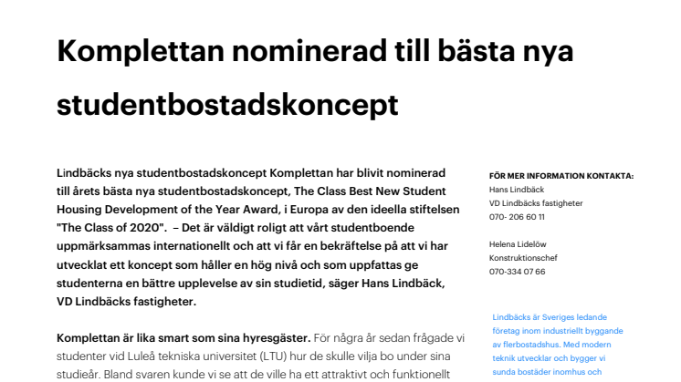 Lindbäcks Kompletta nominerad till årets bästa nya studentbostadskoncept