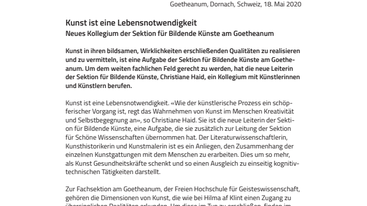 Neues Kollegium der Sektion für Bildende Künste am Goetheanum: Kunst ist eine Lebensnotwendigkeit