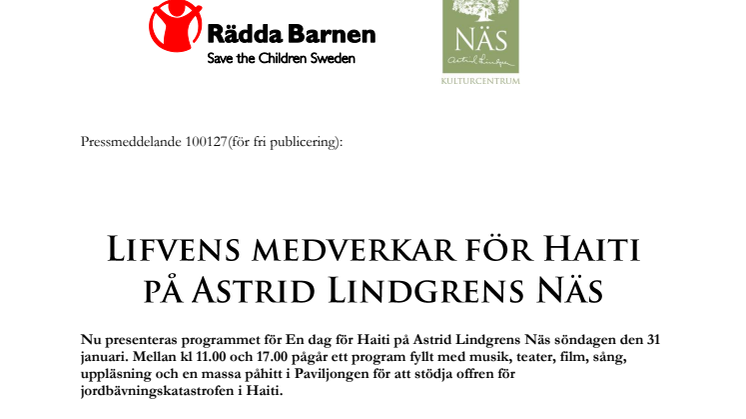 Lifvens medverkar för Haiti på Astrid Lindgrens Näs 