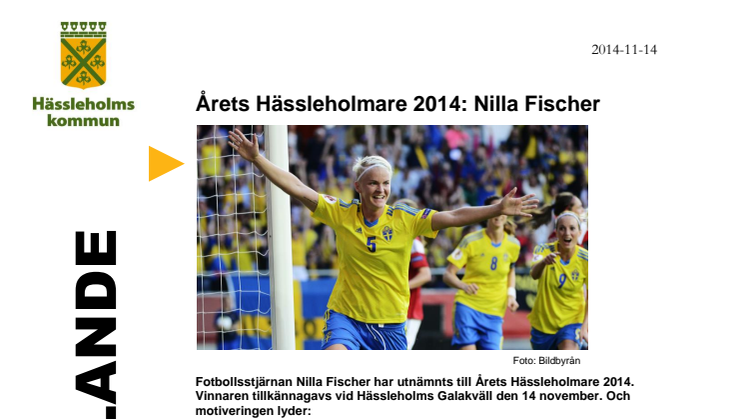 Årets Hässleholmare 2014: Nilla Fischer