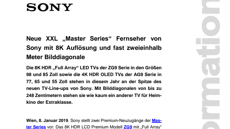 Neue XXL „Master Series“ Fernseher von Sony mit 8K Auflösung und fast zweieinhalb Meter Bilddiagonale