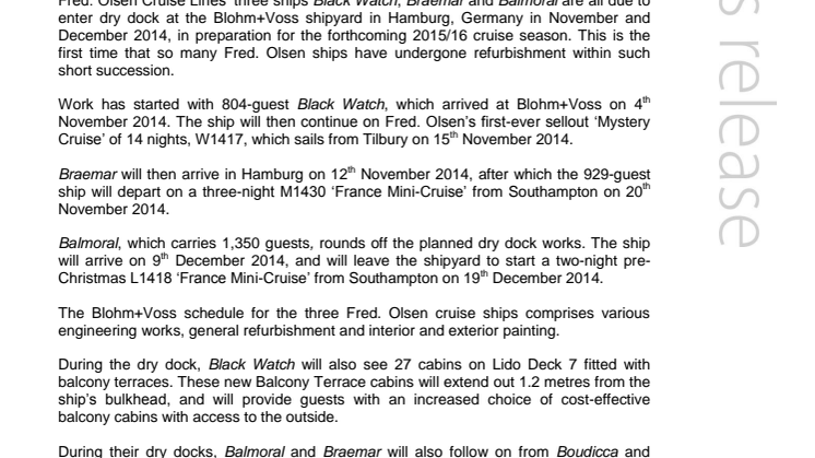 Fred. Olsen Cruise Lines’ Black Watch, Braemar and Balmoral to undergo refurbishment at Hamburg’s Blohm+Voss in November and December 2014