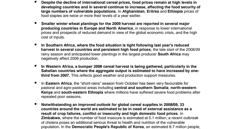 Crop Prospect and Food Situation Report - December 2008