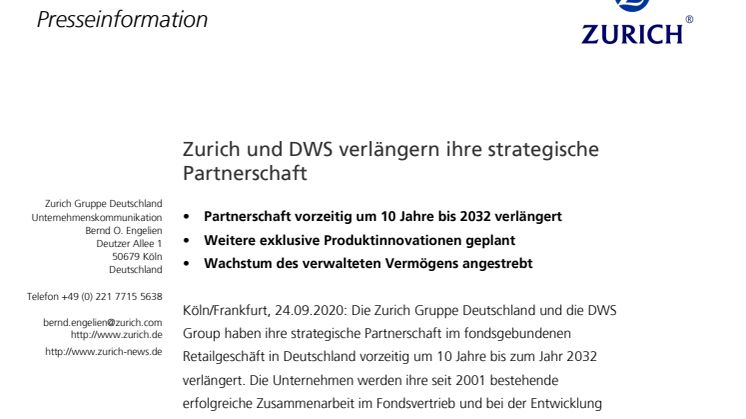 Zurich und DWS verlängern ihre strategische Partnerschaft 