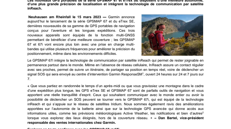 Garmin PRESS RELEASE eTrex SE & GPSMAP 67/67i CHF 
