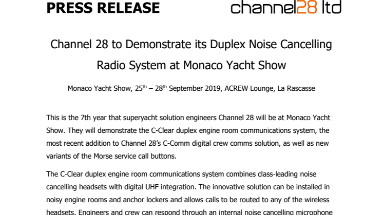 Channel 28 to Demonstrate its Duplex Noise Cancelling Radio System at Monaco Yacht Show