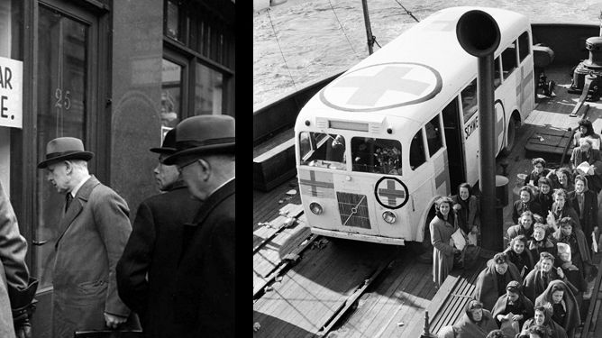 Einar Åbergs bokhandel i Stockholm i oktober 1941 och Vita bussarna anländer till Malmö hamn i maj 1945. Fotografier från Karl Sandels samling, Historisk Bildbyrå och KW Gullers, Nordiska museet.
