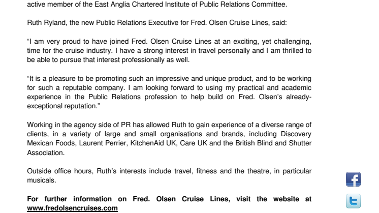 Ruth Ryland appointed Public Relations Executive  for Fred. Olsen Cruise Lines