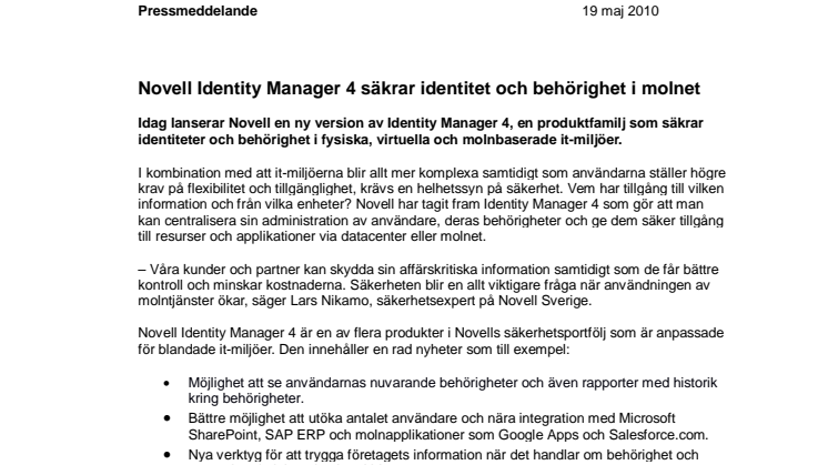 Novell Identity Manager 4 säkrar identitet och behörighet i molnet 