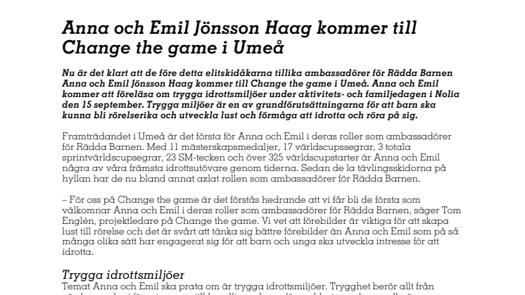 Anna och Emil Jönsson Haag kommer till Change the game i Umeå