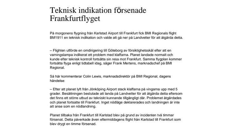 Teknisk indikation försenade Frankfurtflyget 