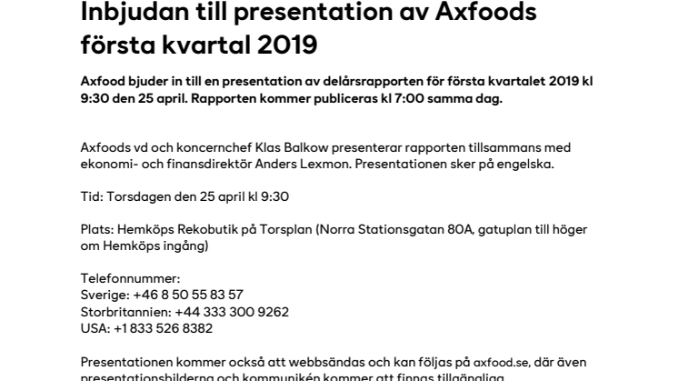 Inbjudan till presentation av Axfoods första kvartal 2019