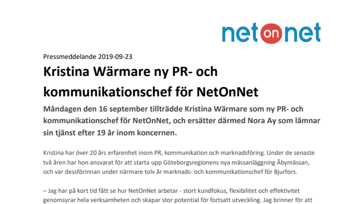 Kristina Wärmare ny PR- och kommunikationschef för NetOnNet 