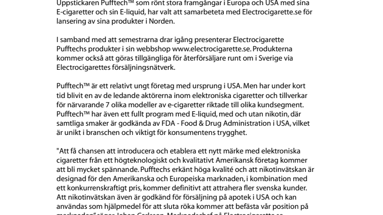Electrocigarette.se blir generalagent för varumärket Pufftech™ i Sverige