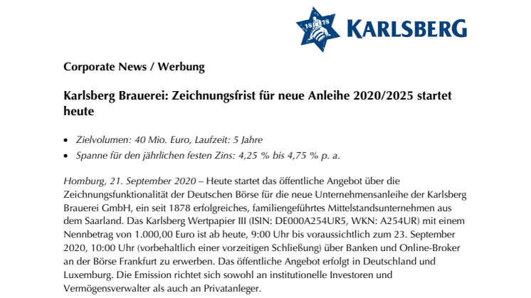 Pressemitteilung Karlsberg Brauerei Start Zeichnungsfrist