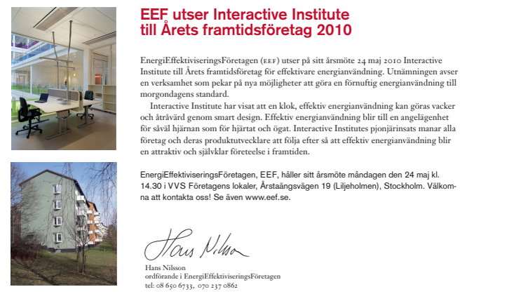 EEF utser Interactive Institute till Årets framtidsföretag 2010